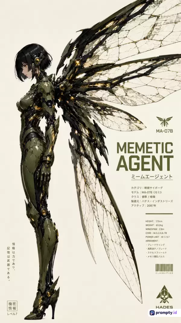 Gambar bergaya fiksi ilmiah dan anime ini menampilkan konsep seni karakter cyborg wanita berambut hitam dengan sayap mekanis transparan mirip serangga, teks desain futuristik MEMETIC AGENT, serta didominasi oleh palet warna hijau zaitun, hitam, dan putih gading dengan kata kunci sci-fi, mecha, cyberpunk, cyborg, dan futuristic.
