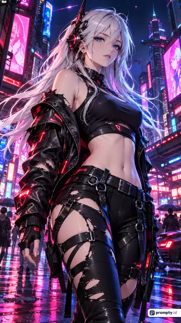 Gambar bergaya anime digital art ini menampilkan karakter wanita berambut putih dengan pakaian serba hitam dan aksesoris futuristik di tengah lanskap kota malam cyberpunk yang penuh warna neon cerah, di mana kontennya menonjolkan estetika fiksi ilmiah dengan dominasi kata kunci wanita, anime, cyberpunk, futuristik, dan neon, serta memiliki tiga warna dominan yaitu hitam, merah muda (magenta), dan biru tua.