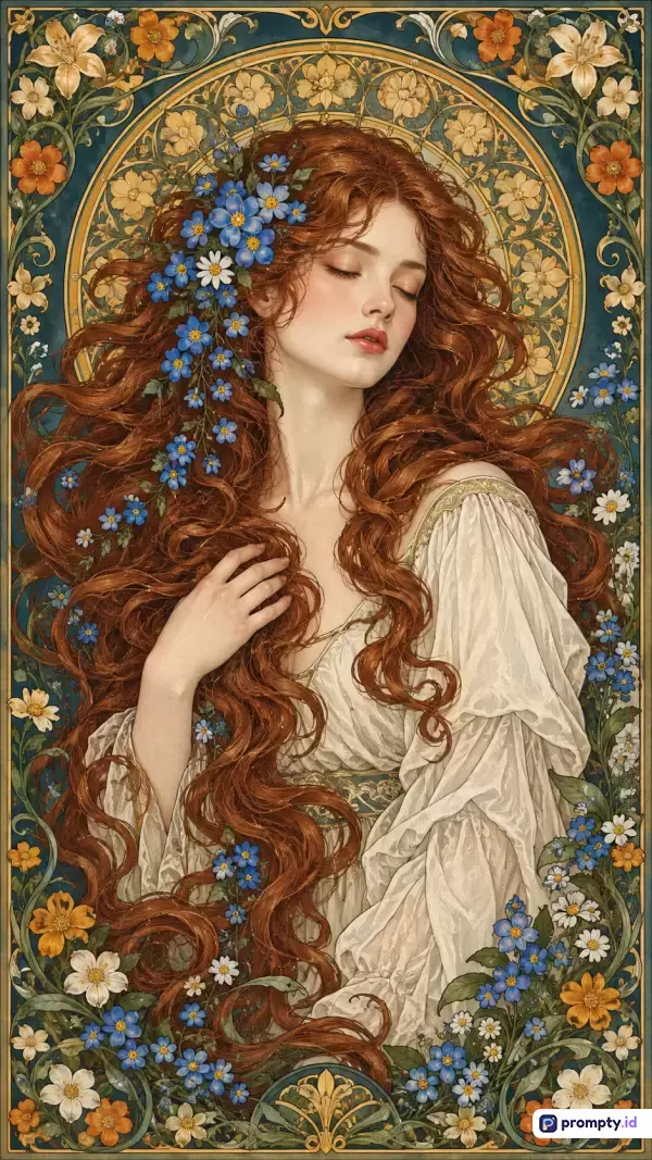 Gambar ilustrasi bergaya Art Nouveau ini menampilkan wanita berambut merah keriting panjang yang dihiasi bunga biru dengan latar belakang ornamen melingkar floral, menghadirkan kata kunci kecantikan, seni dekoratif, dan elegansi, yang didominasi oleh warna biru tua, kuning keemasan, dan cokelat kemerahan.