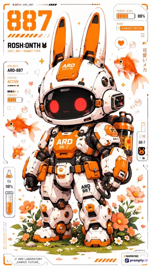 Gambar bergaya ilustrasi digital sci-fi kawaii mecha ini menampilkan karakter robot kelinci putih-oranye dengan mata digital merah yang dikelilingi antarmuka UI futuristik, ikan mas, dan bunga, serta memiliki tiga warna dominan yaitu putih, oranye, dan hitam.
