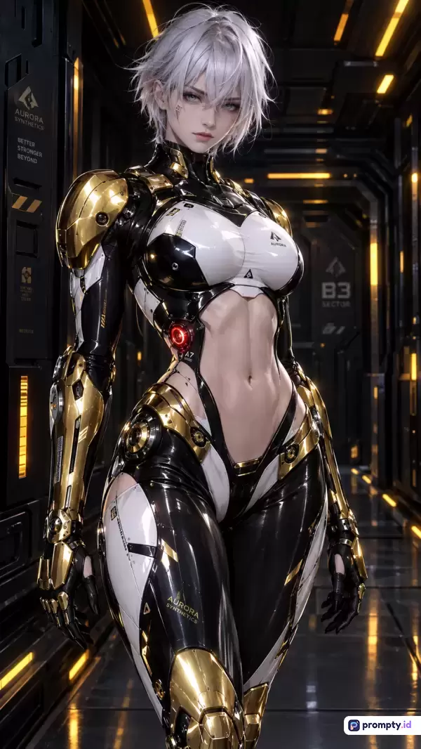 Gambar bergaya seni digital fiksi ilmiah beresolusi tinggi ini menampilkan seorang wanita cyborg berambut putih pendek yang mengenakan armor tubuh futuristik bernuansa hitam, putih, dan emas mengkilap di dalam lorong fasilitas futuristik yang gelap dengan pencahayaan neon, serta menonjolkan kata kunci sci-fi, cyborg, mecha, anime, futuristik, dan cyberpunk dengan dominasi warna hitam, putih, dan emas.