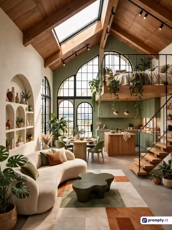 Gambar bergenre interior kontemporer bergaya arsitektur loteng terbuka ini menampilkan konten ruang tamu, dapur, meja makan, dan kamar tidur mezanin yang didekorasi dengan gaya biofilik dan minimalis modern, didominasi oleh kata kunci kayu alami, jendela melengkung besar, tanaman hias, dan pencahayaan alami hangat yang menyatu serasi, serta memiliki tiga warna dominan yaitu hijau zaitun, cokelat kayu, dan putih krem.