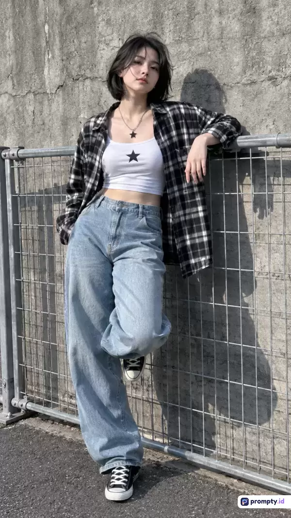 Gambar bergaya kasual jalanan modern ini menampilkan konten seorang wanita muda berambut pendek yang mengenakan crop top putih bermotif bintang, kemeja flanel kotak-kotak hitam-putih, dan celana jeans longgar, dengan kata kunci fashion remaja, gaya jalanan, kasual, dan pose santai, serta didominasi oleh palet warna abu-abu, biru muda, dan hitam-putih.