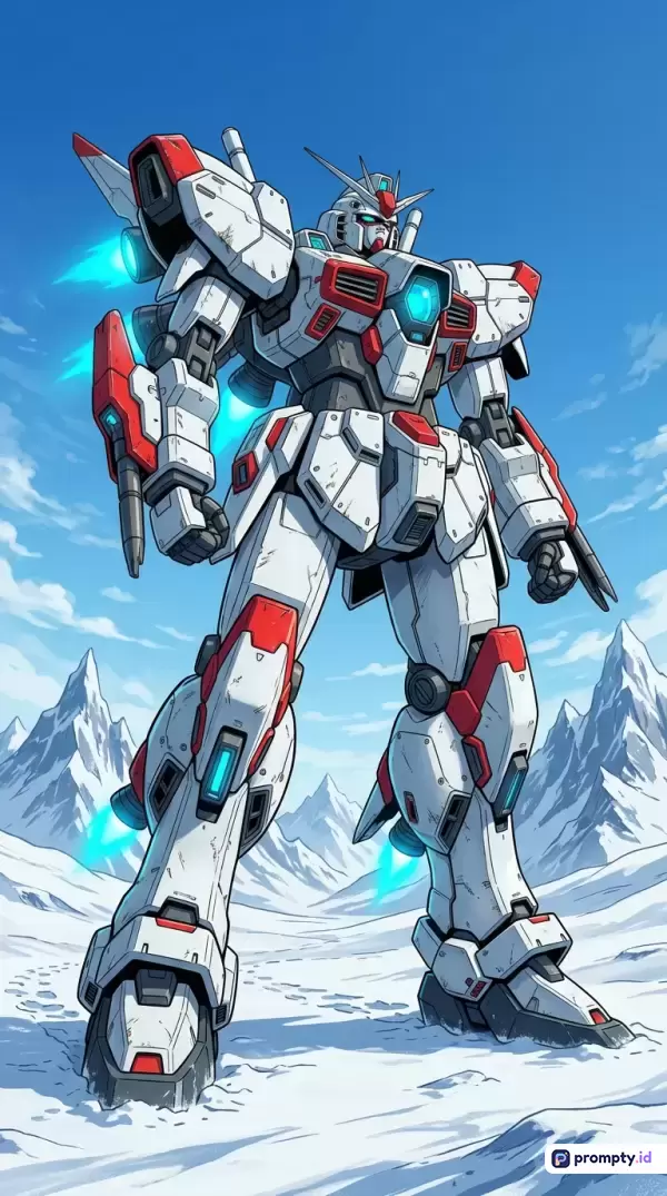 Gambar bergaya ilustrasi anime mecha ini menampilkan robot raksasa putih-merah berlatar pegunungan bersalju dengan tiga warna dominan yaitu putih, merah, dan biru muda, serta kata kunci gundam, robot, anime, mecha, sci-fi, salju, dan futuristik.