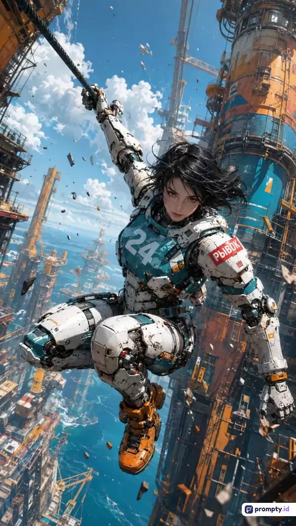 Gambar bergenre fiksi ilmiah digital art ini menampilkan karakter wanita berambut hitam dengan gaya anime modern yang mengenakan armor mekanis futuristik berwarna putih, hijau toska, dan oranye bernomor 24, sedang bergelantungan di atas tali di tengah kompleks industri kilang minyak lepas pantai dengan latar langit cerah dan awan, memiliki kata kunci fiksi ilmiah, armor, aksi, industri, futuristik, dan cyborg, serta didominasi oleh tiga warna utama yaitu oranye, putih, dan biru toska.