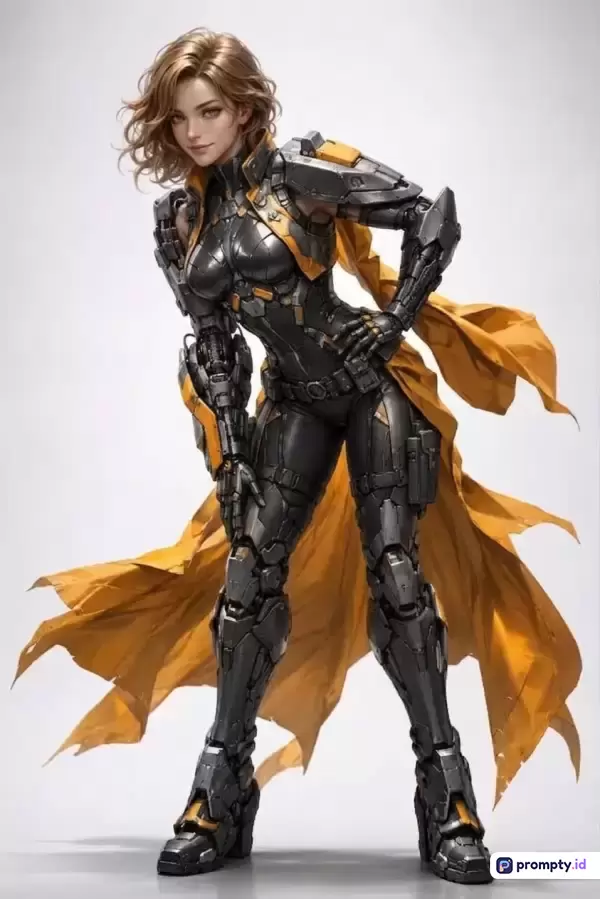 Gambar bergaya ilustrasi digital sci-fi ini menampilkan seorang wanita berambut cokelat dengan pose percaya diri mengenakan baju zirah mekanis hitam dan jubah kuning cerah, dengan kata kunci fiksi ilmiah, pahlawan super, mecha, dan futuristik, serta tiga warna dominan yaitu hitam, kuning, dan abu-abu.