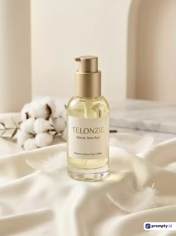 Gambar dengan gaya fotografi produk minimalis ini menampilkan botol pompa kaca berisi Minyak Telon Bayi berlabel TELONZIE yang diletakkan di atas kain satin putih lembut dengan dekorasi kapas dan latar belakang arsitektur krem netral, serta didominasi oleh warna krem, putih, dan emas.