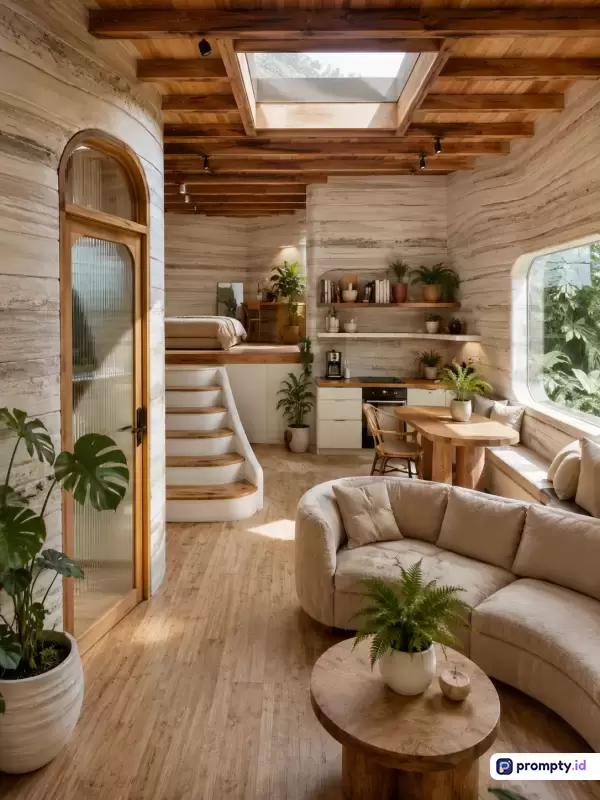 Gambar interior dengan gaya arsitektur organik kontemporer ini menampilkan ruangan terbuka yang terang dan hangat dengan konten desain rumah ramah lingkungan yang memadukan dinding bertekstur alami, langit-langit kayu ekspos, serta pencahayaan skylight, yang diperkaya oleh kata kunci desain interior, arsitektur berkelanjutan, dan rumah estetik, didominasi oleh palet warna cokelat kayu, krem, dan putih gading, dengan tiga warna dominan yaitu cokelat kayu, krem, dan hijau botani.