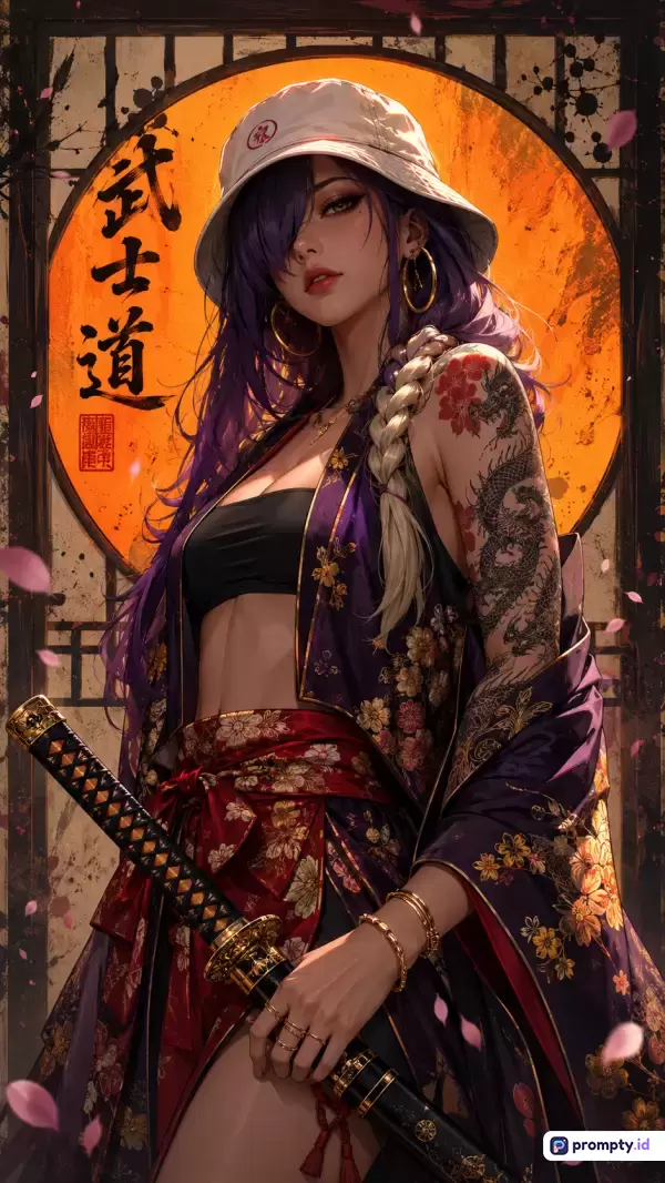 Gambar berformat seni digital bergaya anime modern ini menampilkan seorang wanita samurai berambut ungu bertato naga dengan pakaian tradisional dan topi ember di depan latar belakang matahari terbenam oranye bertuliskan kaligrafi Jepang, dengan kata kunci wanita, samurai, anime, naga, katana, dan warna dominan oranye, ungu, serta hitam.