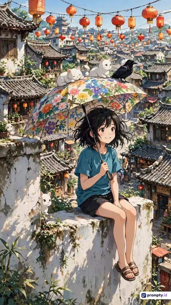 Gambar bergaya ilustrasi anime digital yang ceria dan penuh warna ini menampilkan seorang anak perempuan berambut hitam pendek yang tersenyum manis sambil memegang payung bermotif bunga, duduk di atas dinding batu kuno di antara pemukiman tradisional Tiongkok yang dihiasi lampion merah gantung dan beberapa ekor kucing serta burung gagak, dengan kata kunci: anime, anak perempuan, lampion, kucing, Tiongkok tradisional, payung bunga, dan tiga warna dominannya adalah merah, biru, serta abu-abu.