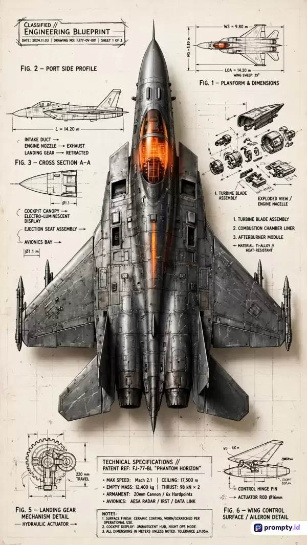 Gambar berstyle cetak biru teknis (technical blueprint) dengan gaya ilustrasi militer rahasia ini menampilkan konten jet tempur canggih lengkap dengan diagram penampang, spesifikasi teknis, dan komponen mesin terurai, yang diperkaya dengan kata kunci jet tempur, cetak biru, skema militer, pesawat tempur, dan desain teknik, menggunakan palet tiga warna dominan yaitu abu-abu gelap, putih krem, dan oranye menyala.