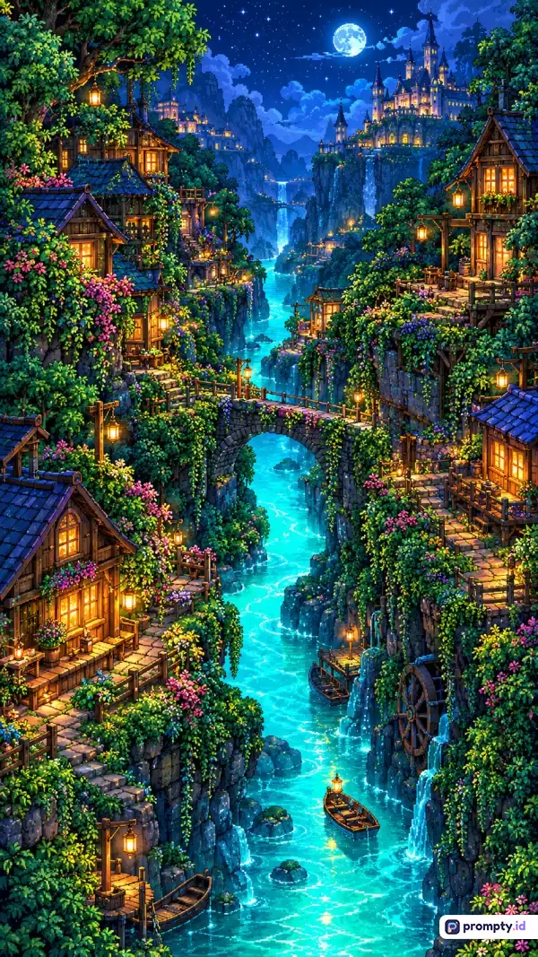 Gambar bergaya lukisan digital fantasi ini menampilkan pemandangan desa tebing magis malam hari dengan sungai pirus bercahaya, kastil di latar belakang, dan rumah-rumah kayu berhias bunga, dengan kata kunci desa fantasi, malam hari, sungai bercahaya, kastil dongeng, rumah kayu, jembatan batu, seni digital, pemandangan magis, alam, petualangan, serta didominasi oleh warna biru tua, hijau zamrud, dan kuning keemasan.