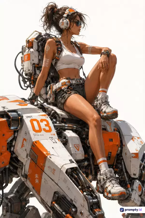 Gambar digital bergaya sci-fi modern ini menampilkan seorang wanita berambut kuncir kuda dengan headphone, mengenakan pakaian kasual taktis, sedang duduk santai di atas robot mekanik raksasa berangka putih-oranye, yang digambarkan dengan kata kunci fiksi ilmiah, mecha, futuristik, prajurit, dan petualangan, serta didominasi oleh tiga warna utama yaitu putih, oranye, dan hitam.