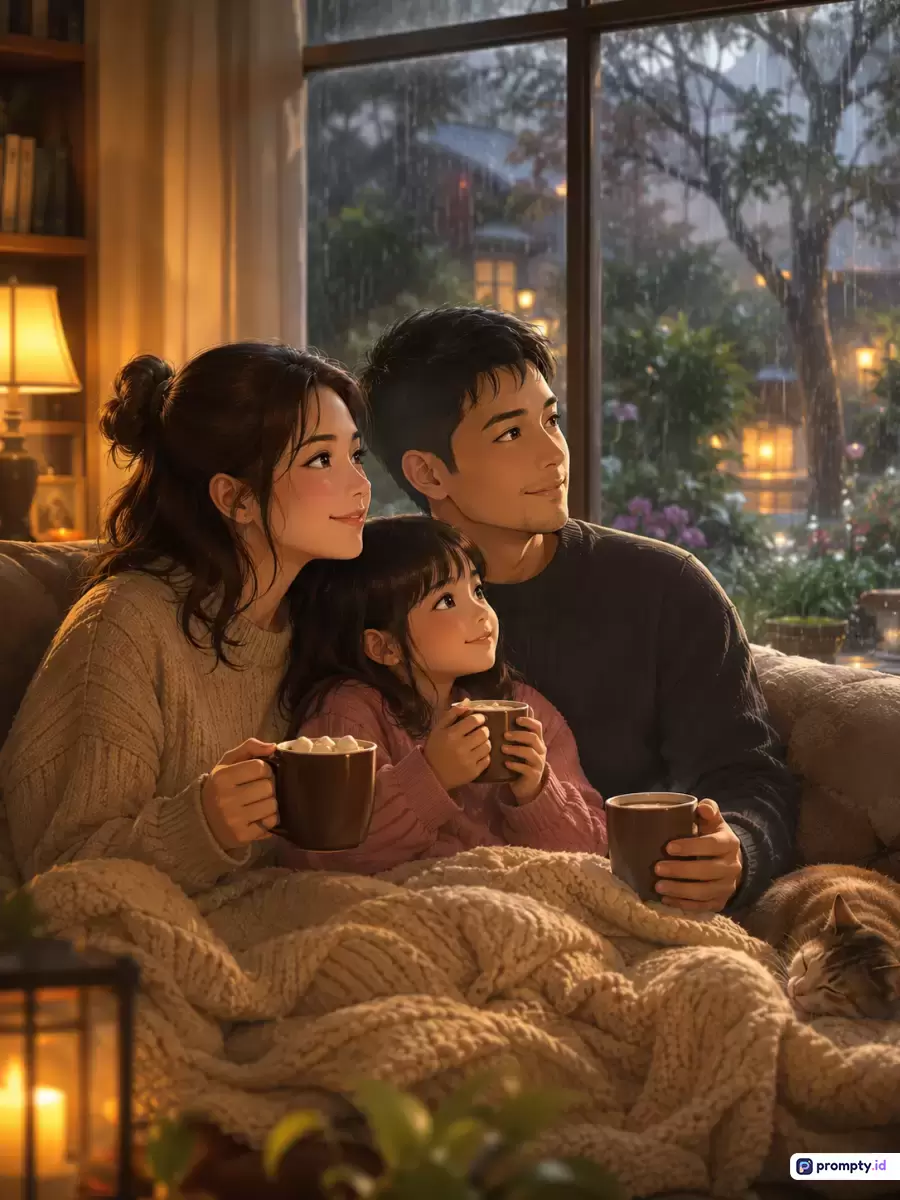 Gambar ilustrasi digital bergaya anime yang hangat ini menampilkan keluarga bahagia (ayah, ibu, dan anak perempuan) duduk berselimut di sofa sambil memegang cangkir hangat di ruangan remang-remang dengan dominasi warna cokelat tua, krem, dan oranye keemasan, menghadap jendela besar yang memperlihatkan pemandangan hujan luar ruangan di sore hari, dengan kata kunci: keluarga bahagia, hari hujan, berselimut, cokelat hangat, ilustrasi anime, suasana hangat, cozy, jendela kaca.