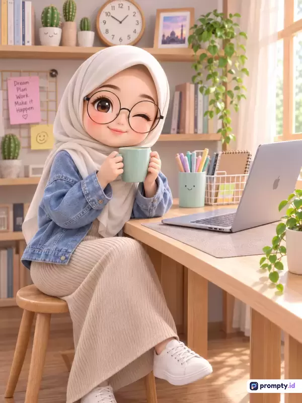 Gambar bergaya ilustrasi digital 3D chibi yang menggemaskan ini menampilkan seorang gadis berhijab putih dengan kacamata bundar sedang duduk di meja kerja kayu sambil menikmati secangkir minuman hijau di samping laptop, dengan konten yang menonjolkan suasana produktif dan hangat di dalam kamar bernuansa estetis, diperkaya oleh kata kunci seperti anak perempuan, hijab, bekerja, belajar, laptop, estetis, dan santai, serta didominasi oleh palet warna cokelat kayu, putih gading, dan hijau pastel.