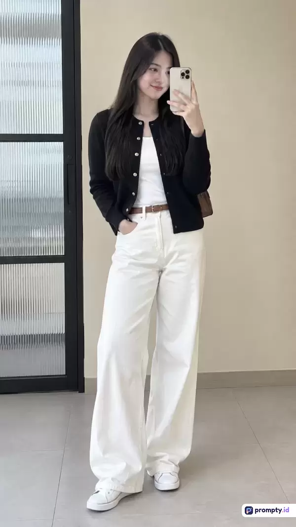 Gambar ini menampilkan seorang wanita muda bergaya kasual minimalis dengan gaya foto cermin (*mirror selfie*), mengenakan kardigan hitam, kaus putih, celana panjang putih longgar, dan sepatu kets putih dengan dominasi warna hitam, putih, serta krem yang mencakup kata kunci fashion, OOTD, gaya kasual, wanita muda, dan swafoto.