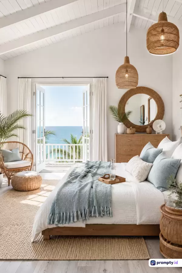 Gambar bergaya pesisir tropis ini menampilkan konten kamar tidur cerah dengan jendela terbuka yang memperlihatkan pemandangan laut, menggunakan kata kunci desain interior, kamar pantai, dan dekorasi rotan, dengan palet warna dominan putih, cokelat kayu, dan biru muda.