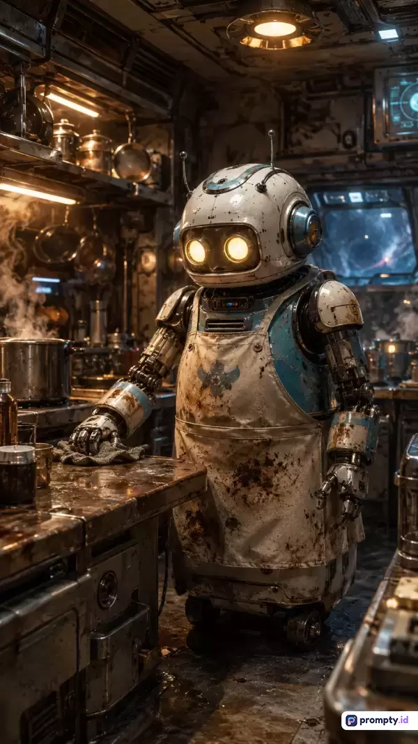 Gambar bergaya sinematik sci-fi ini menampilkan robot bulat beroda yang mengenakan apron kotor sedang membersihkan meja dapur berantakan di dalam pesawat luar angkasa, dengan kata kunci robot, dapur masa depan, fiksi ilmiah, mekanik, kotor, apron, sinematik, steampunk, dan didominasi oleh warna cokelat tua, putih kusam, serta biru metalik.