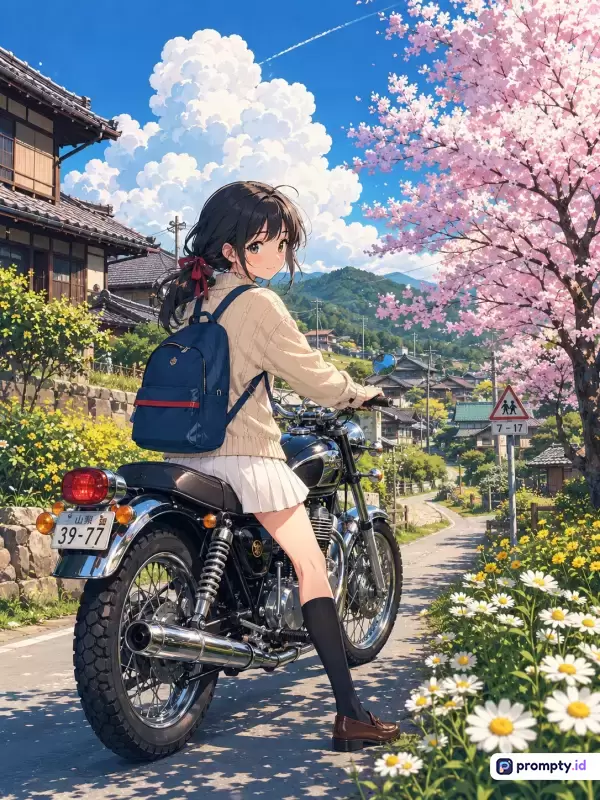 Gambar bergaya anime digital ini menampilkan seorang siswi berambut hitam mengenakan kardigan krem dan ransel biru yang sedang menaiki sepeda motor klasik di jalan pedesaan Jepang yang asri, dikelilingi oleh bunga sakura merah muda yang mekar, rumah tradisional, dan langit biru cerah dengan awan putih, yang divisualisasikan melalui kata kunci gadis anime, sepeda motor klasik, bunga sakura, pedesaan Jepang, dan estetika musim semi, serta didominasi oleh tiga warna utama yaitu biru langit, merah muda sakura, dan krem pakaian.