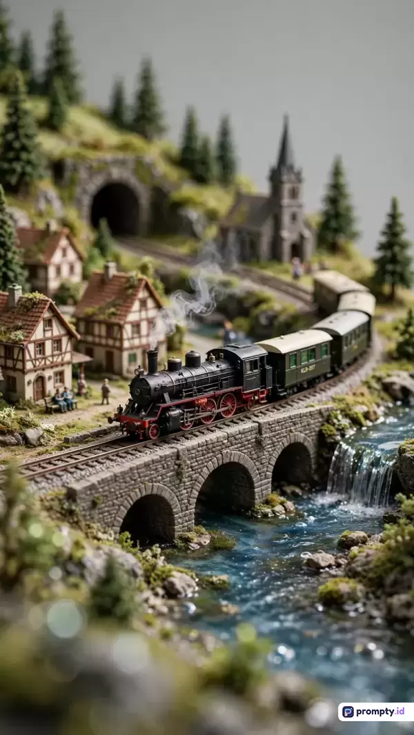 Gambar fotografi makro bergaya diorama miniatur ini menampilkan konten lanskap desa Alpen yang indah dengan kereta uap klasik melintasi jembatan batu di atas sungai jernih, dengan kata kunci: miniatur, kereta uap, diorama, lanskap pedesaan, air terjun, dan warna dominan hijau hutan, abu-abu batu, serta hitam legam.
