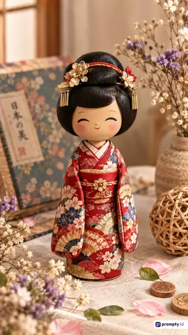 Gambar bergaya fotografi produk estetis ini menampilkan boneka kayu tradisional Jepang Kokeshi dengan kimono merah bermotif bunga dan rambut hitam tersanggul aksesoris emas, dikelilingi latar belakang dekoratif buku Jepang, vas bunga kering, dan bola rotan dengan dominasi warna merah, cokelat muda, dan putih, serta memiliki kata kunci boneka kokeshi, budaya jepang, kimono merah, kerajinan kayu, dekorasi estetis, bunga kering, dan fotografi produk.