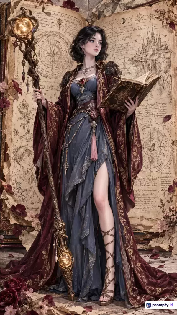 Gambar dengan gaya seni digital anime fantasi ini menampilkan seorang penyihir wanita berambut hitam pendek yang elegan, memegang tongkat sihir bercahaya dan sebuah buku mantra kuno berlatar belakang gulungan peta perkamen tua dengan warna dominan merah marun, abu-abu gelap, dan emas, serta kata kunci wanita penyihir, tongkat ajaib, fantasi, abad pertengahan, dan buku kuno.