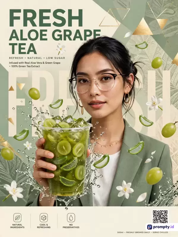 Gambar poster komersial bergaya modern dan minimalis ini menampilkan seorang wanita berambut hitam berkacamata mengenakan blazer hijau sambil memegang secangkir teh hijau segar dengan potongan lidah buaya dan buah anggur, dilengkapi elemen grafis percikan air, bunga putih, dan teks promosi berwarna hijau tua dan krem, serta didominasi oleh warna hijau sage, krem muda, dan putih.