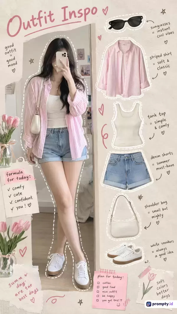 Gambar ini menampilkan kolase inspirasi pakaian kasual musim panas bergaya estetika *aesthetic* Korea dengan gaya visual *bullet journal* yang ceria, berisi foto seorang wanita mengenakan kemeja bergaris merah muda, kaus putih, celana pendek denim, dan sepatu kencan putih yang dipadukan dengan item terpisah beserta catatan tangan, ilustrasi bunga tulip, serta tiga warna dominan yaitu merah muda, putih, dan biru muda.