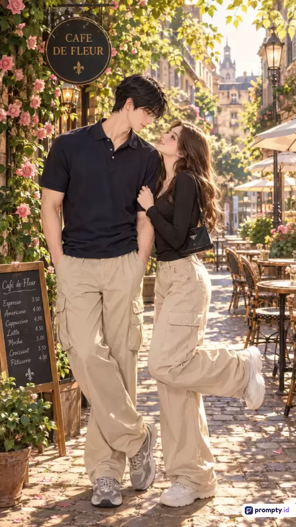Gambar dengan gaya ilustrasi digital romantis ini menampilkan konten sepasang kekasih muda yang mengenakan pakaian serasi berupa kaos hitam dan celana kargo krem, berpose mesra di depan kafe Eropa yang dipenuhi bunga mawar, dengan dominasi warna hitam, krem, dan cokelat, serta menggunakan kata kunci: pasangan romantis, gaya Korea, kencan di kafe, estetika urban, dan busana serasi.