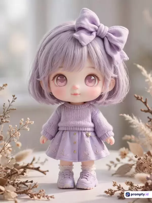 Gambar berformat foto bergaya figurin 3D chibi dengan konten boneka perempuan berambut ungu pendek dan berpita besar, bernuansa estetik lembut dengan kata kunci boneka, chibi, ungu pastel, mainan, imut, serta memiliki 3 warna dominan yaitu ungu muda, putih gading, dan cokelat muda.
