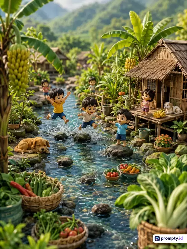 Gambar digital bergaya figurin mainan ini menampilkan pemandangan desa pedesaan yang asri dengan latar belakang pegunungan hijau, memperlihatkan anak-anak riang bermain air di sungai berbatu dikelilingi pondok bambu, pohon pisang, dan kebun sayur, yang divisualisasikan dengan kata kunci pedesaan, anak-anak, sungai, mainan, dan alam, serta didominasi oleh warna hijau segar, cokelat kayu, dan biru jernih air.