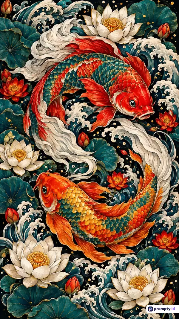 Gambar dengan gaya ilustrasi tradisional Jepang (ukiyo-e) ini menampilkan konten dua ekor ikan koi berwana merah-oranye yang berenang melingkar dikelilingi bunga teratai dan ombak laut berbusa, memiliki kata kunci ikan koi, teratai, ombak, ukiyo-e, dan seni Jepang, didominasi oleh warna merah, hijau tua, dan putih, serta 3 warna dominan: Merah, Hijau Tua, Putih.