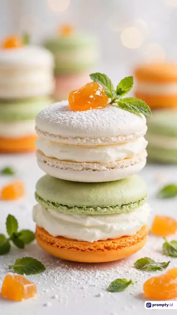 Gambar bergaya fotografi komersial makanan ini menampilkan tumpukan makaroni Prancis yang elegan dengan konten close-up kue warna-warni berisi krim putih tebal, taburan gula halus, hiasan selai jeruk, dan daun mint segar berlatar belakang bokeh lembut, yang memiliki kata kunci makaron, kue, dessert, manis, krim, jeruk, mint, fotografi makanan, dan pastel, serta didominasi oleh warna putih, hijau muda, dan jingga cerah.