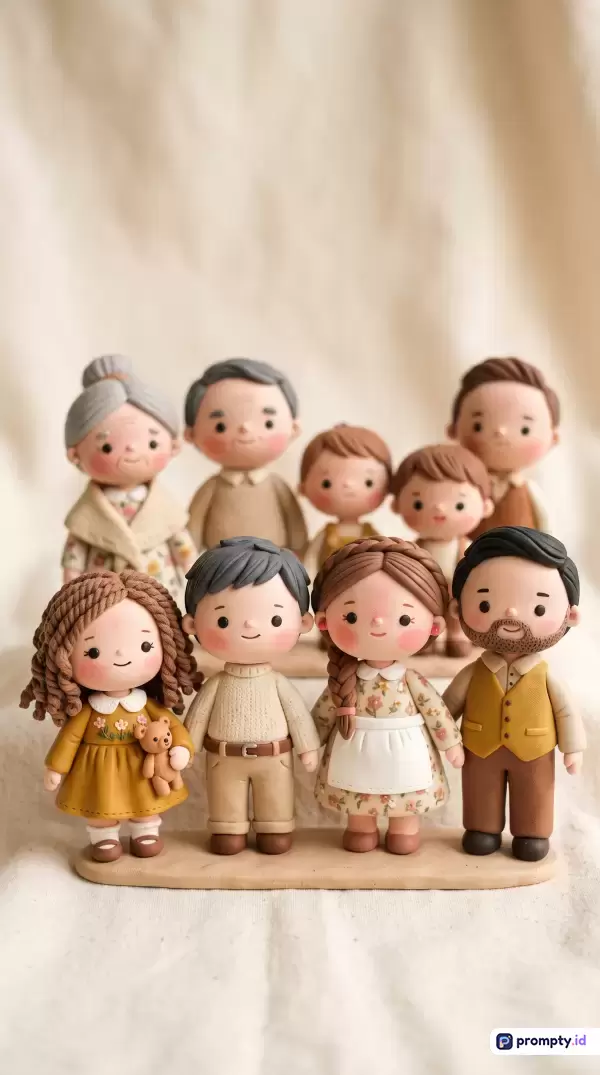 Gambar berformat digital ini menampilkan gaya seni figurin tanah liat 3D yang menggemaskan dengan konten potret keluarga besar lintas generasi yang hangat, menggunakan kata kunci seperti miniatur, patung handmade, keluarga, dan estetika hangat, serta didominasi oleh warna cokelat tua, krem, dan kuning mustard.