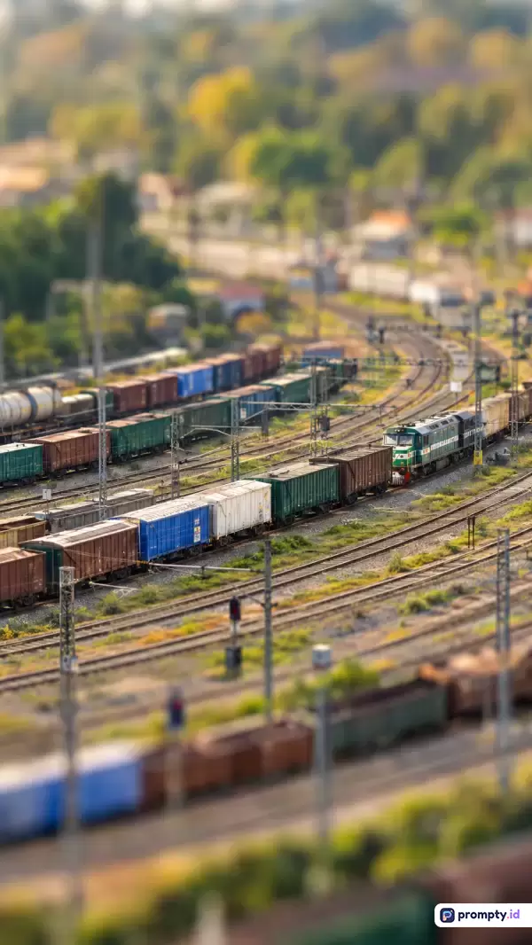 Foto bergaya efek diorama maket (tilt-shift) dengan sudut pandang tinggi ini menampilkan konten kompleks persimpangan rel kereta api yang sibuk dengan deretan gerbong barang warna-warni, serta didominasi warna hijau, cokelat, dan biru, dengan kata kunci kereta barang, diorama, miniatur, rel kereta, transportasi, dan lanskap urban.