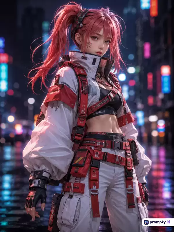 Gambar bergaya anime digital ini menampilkan seorang wanita berambut merah muda dengan gaya kuncir kuda ganda, mengenakan pakaian taktis futuristik berwarna putih dan merah berdetail strap, berdiri di latar belakang jalanan kota malam hari yang dipenuhi lampu neon bokeh (warna dominan: merah, putih, hitam; kata kunci: anime, cyberpunk, wanita, futuristik, taktis, neon, malam).