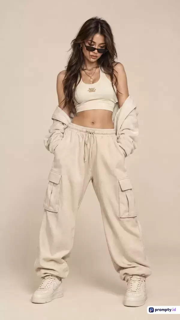 Gambar bergaya fotografi studio modern ini menampilkan seorang model wanita berambut panjang yang mengenakan setelan busana kasual monokromatik dengan pose percaya diri, dengan kata kunci fashion wanita, streetwear monokrom, celana kargo, dan gaya kasual, serta didominasi oleh warna krem, putih tulang, dan cokelat muda.