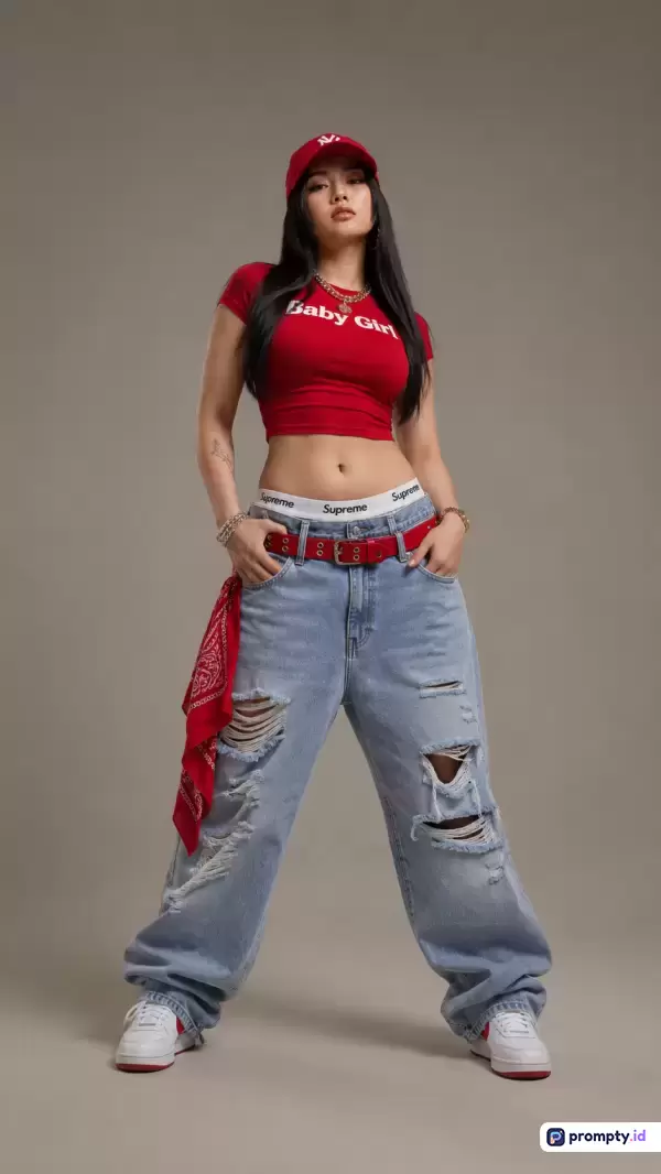 Gambar bergaya fotografi studio modern ini menampilkan seorang wanita berambut hitam panjang dengan pose percaya diri mengenakan crop top merah bertuliskan Baby Girl, topi baseball merah, celana jeans biru longgar dengan robekan, dan sepatu sneakers putih, serta menggunakan warna dominan merah, biru muda, dan abu-abu, dengan kata kunci fashion streetwear, hip-hop, gaya kasual, dan pose percaya diri.