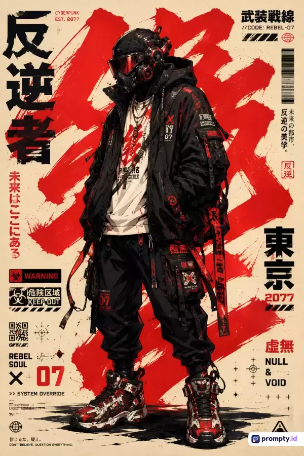 Gambar dengan gaya ilustrasi digital cyberpunk bertema futuristik dan streetwear ini menampilkan karakter prajurit bertopeng taktis mengenakan jaket hitam dan celana kargo, diperkaya dengan elemen tipografi kanji Jepang, kode batang, serta coretan kuas merah di latar belakang krem, dengan kata kunci pemberontak, sci-fi, pakaian jalanan, militer, distopia, dan warna dominan merah, hitam, serta krem.