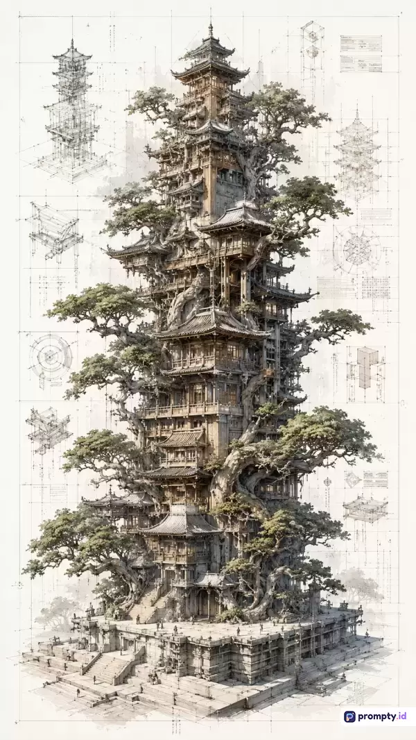 Gambar bergaya ilustrasi cetak biru (blueprint) dan sketsa arsitektur klasik ini menampilkan konten menara pagoda kayu raksasa bertingkat yang menyatu dengan pohon-pohon rimbun, dengan kata kunci arsitektur tradisional, pagoda, sketsa teknis, fantasi, dan alam, didominasi oleh warna cokelat kayu, hijau dedaunan, dan putih krem latar belakang.