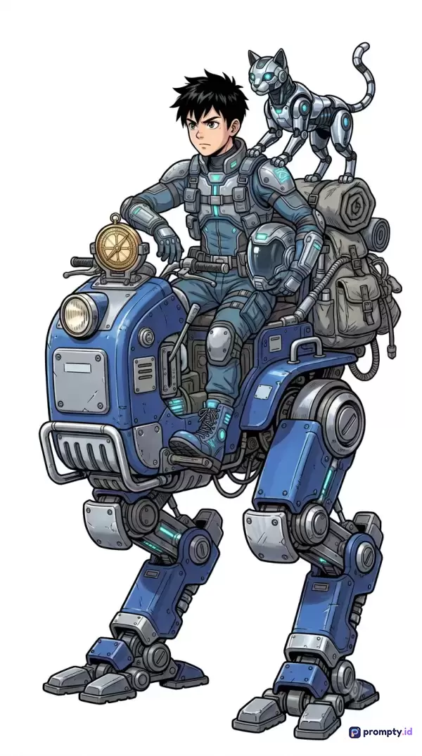Gambar bergenre fiksi ilmiah dengan gaya ilustrasi komik manga Jepang ini menampilkan seorang anak laki-laki berambut hitam mengenakan pakaian futuristik yang sedang menaiki kendaraan tempur berkaki dua berwarna biru sambil membawa tas ransel besar dan ditemani seekor kucing robot, dengan dominasi warna biru, abu-abu, dan hitam, serta kata kunci fiksi ilmiah, mecha, anime, penjelajah masa depan, dan robot kucing.