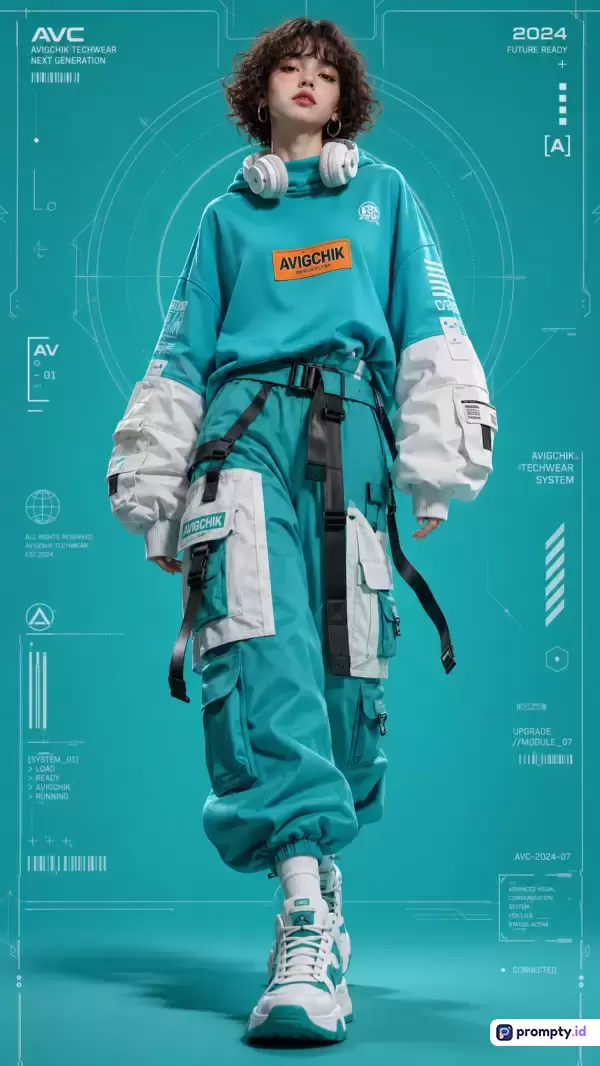 Gambar berstylen digital art futuristik ini menampilkan wanita berambut keriting pendek mengenakan hoodie toska, celana kargo putih-toska, dan headphone putih dengan latar belakang elemen UI sci-fi berwana toska, putih, serta oranye.