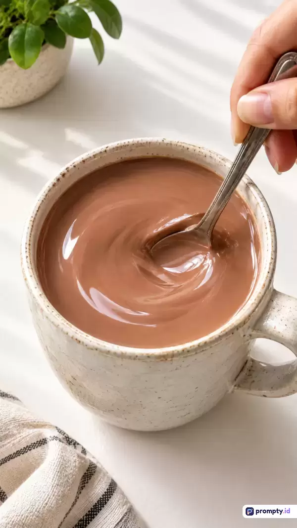 Gambar fotografi produk bergaya natural-minimalis ini menampilkan konten cangkir keramik rustic berisi cokelat panas kental yang diaduk tangan dengan sendok, diperkaya latar dapur cerah dengan tanaman hias hijau dan kain lap bertekstur, serta menggunakan kata kunci cokelat panas, minuman hangat, cangkir keramik, dan adukan sendok, dengan dominasi palet warna cokelat tua, putih gading, dan hijau daun.