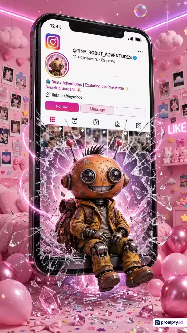 Gambar digital 3D dengan gaya surealis ini menampilkan konten profil Instagram akun @TINY_ROBOT_ADVENTURES di dalam smartphone yang layarnya pecah, memunculkan robot berkarat dengan efek cahaya neon, menggunakan palet warna dominan merah muda, jingga, dan putih, serta dihiasi kata kunci robot berkarat, profil Instagram, layar pecah, estetika merah muda, dan petualangan kecil.