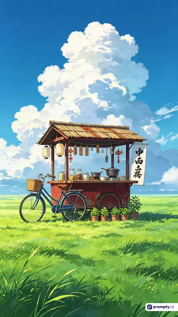 Gambar bergaya ilustrasi anime Ghibli ini menampilkan konten gerobak makanan tradisional di tengah padang rumput hijau yang luas di bawah langit biru cerah dengan awan kumulus putih raksasa, serta memiliki kata kunci gerobak, padang rumput, sepeda, langit biru, awan, dan anime dengan tiga warna dominan yaitu biru, hijau, dan putih.