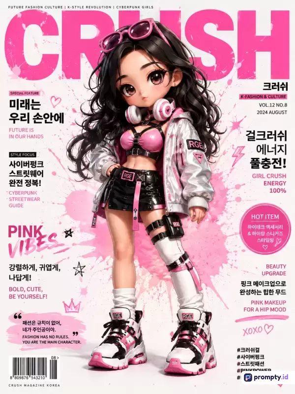 Gambar digital bergaya ilustrasi majalah mode Korea ini menampilkan karakter boneka wanita berambut hitam dengan gaya busana jalanan cyberpunk dan hiasan teks Hangeul, dengan kata kunci fesyen, K-style, merah muda, futuristik, dan boneka, serta didominasi oleh warna merah muda, putih, dan hitam.