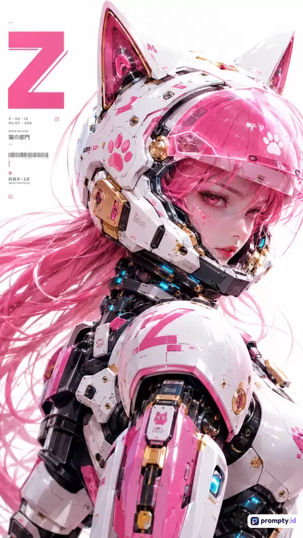 Gambar bergaya ilustrasi digital anime sci-fi futuristik ini menampilkan konten seorang pilot wanita berambut merah muda dengan helm mekanis bertelinga kucing yang mengenakan armor canggih, memuat kata kunci seperti mecha, fiksi ilmiah, cyberpunk, dan karakter anime, didominasi oleh palet warna putih bersih, merah muda cerah, serta aksen emas metalik, yang sangat ideal untuk penggemar seni teknologi masa depan.