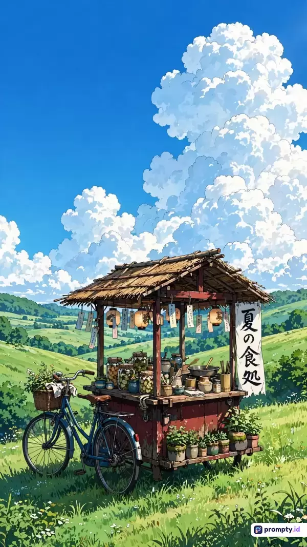 Gambar bergaya anime Ghibli ini menampilkan konten gerobak makanan tradisional di padang rumput hijau luas dengan langit biru dan awan kumulus besar, diperkaya dengan kata kunci estetika musim panas, pedesaan Jepang, dan ilustrasi digital, serta didominasi oleh warna biru cerah, hijau rumput, dan putih bersih.