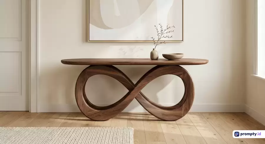 Gambar bergaya fotografi interior minimalis modern ini menampilkan konten meja konsol kayu unik berdesain lambang infinity di ruangan bernuansa netral dengan warna dominan krem, cokelat kayu, dan putih, serta memiliki kata kunci estetika rumah, dekorasi interior, meja kayu, desain kontemporer, dan minimalis.