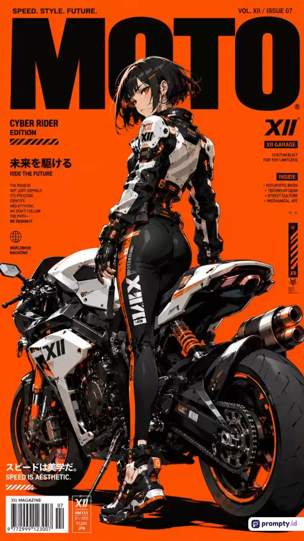 Gambar bergaya ilustrasi anime digital modern bergenre fiksi ilmiah dan cyberpunk ini menampilkan sampul majalah MOTO edisi khusus Cyber Rider dengan konten seorang wanita berambut pendek mengenakan pakaian tempur futuristik sambil berdiri di samping sepeda motor sport canggih berlatar belakang warna oranye terang, hitam, dan putih, serta dilengkapi kata kunci: anime, cyberpunk, majalah, motor sport, wanita, fiksi ilmiah, futuristik, dan teks majalah; dengan tiga warna dominan yaitu oranye, hitam, dan putih.